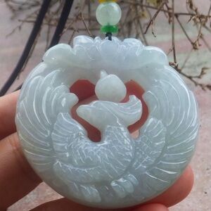 Sophistication Certificate Jadeite Jade Hand Carved Green Pendant Phoenix Flower